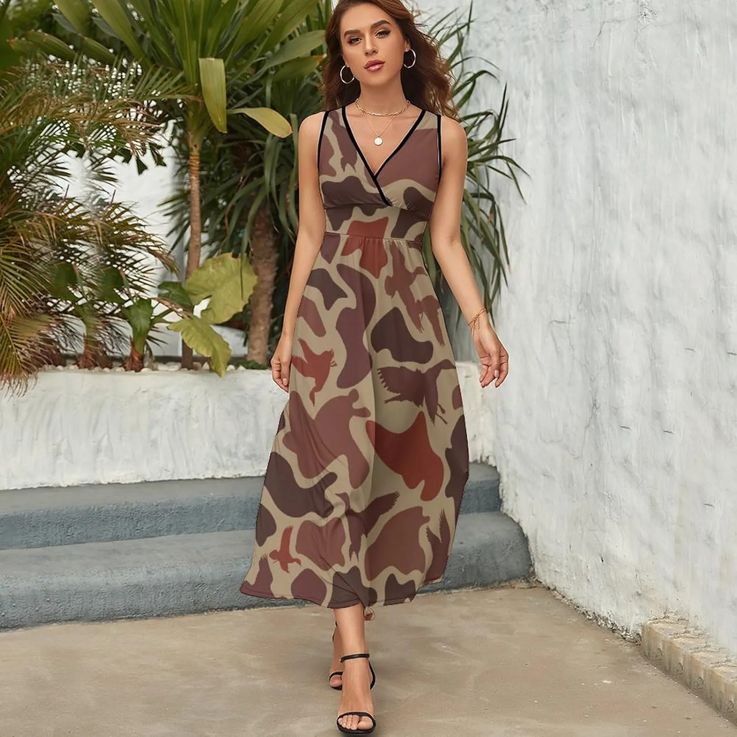 Maxi Dresses for Women Summer Sleeveless Dress Cute Black Bow Knots Casual V Neck Sundress