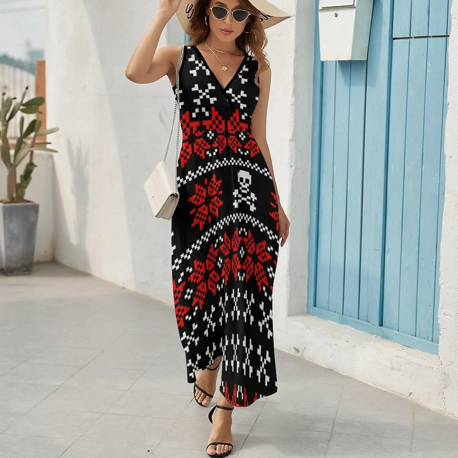 Maxi Dresses for Women Summer Sleeveless Dress Cute Black Bow Knots Casual V Neck Sundress