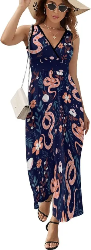 Maxi Dresses for Women Summer Sleeveless Dress Cute Black Bow Knots Casual V Neck Sundress
