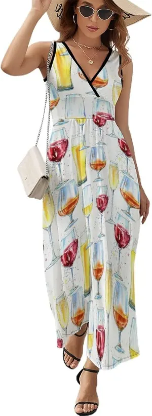 Maxi Dresses for Women Summer Sleeveless Dress Cute Black Bow Knots Casual V Neck Sundress