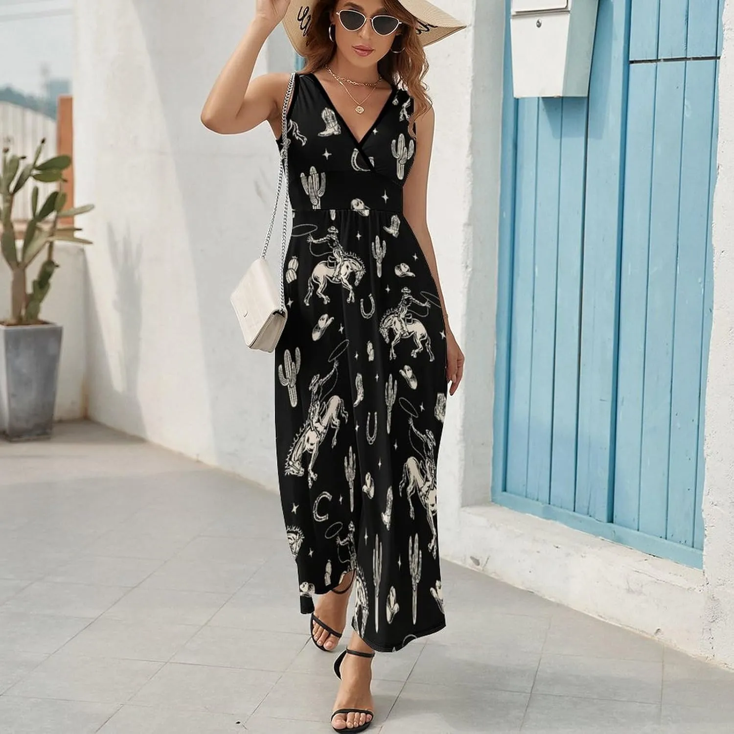Maxi Dresses for Women Summer Sleeveless Dress Cute Black Bow Knots Casual V Neck Sundress