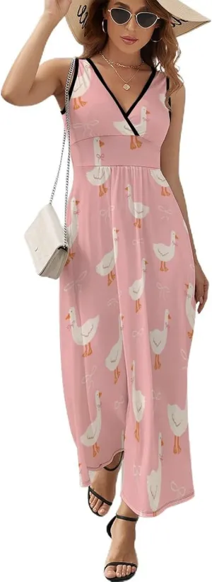 Maxi Dresses for Women Summer Sleeveless Dress Cute Geese and Bows Casual V Neck Sundress