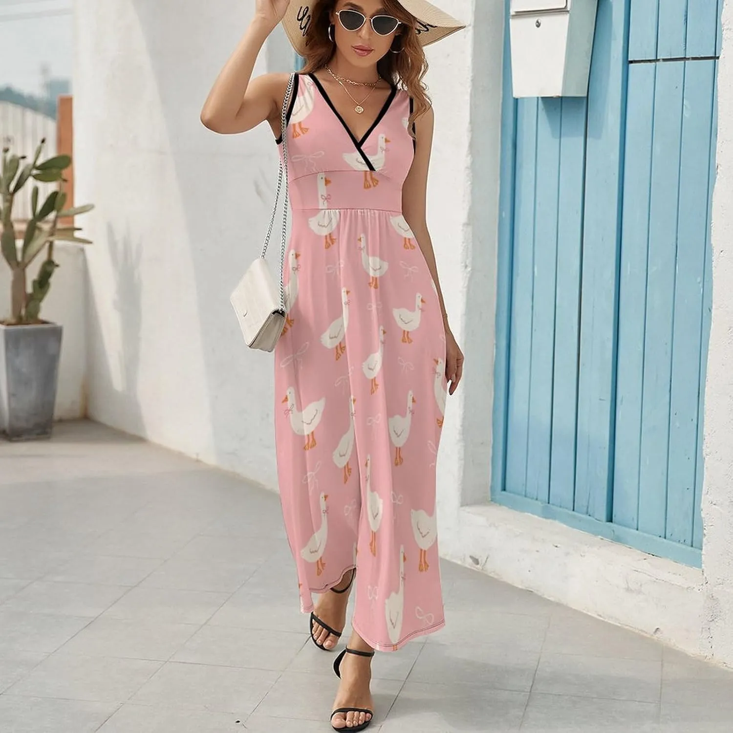 Maxi Dresses for Women Summer Sleeveless Dress Cute Geese and Bows Casual V Neck Sundress