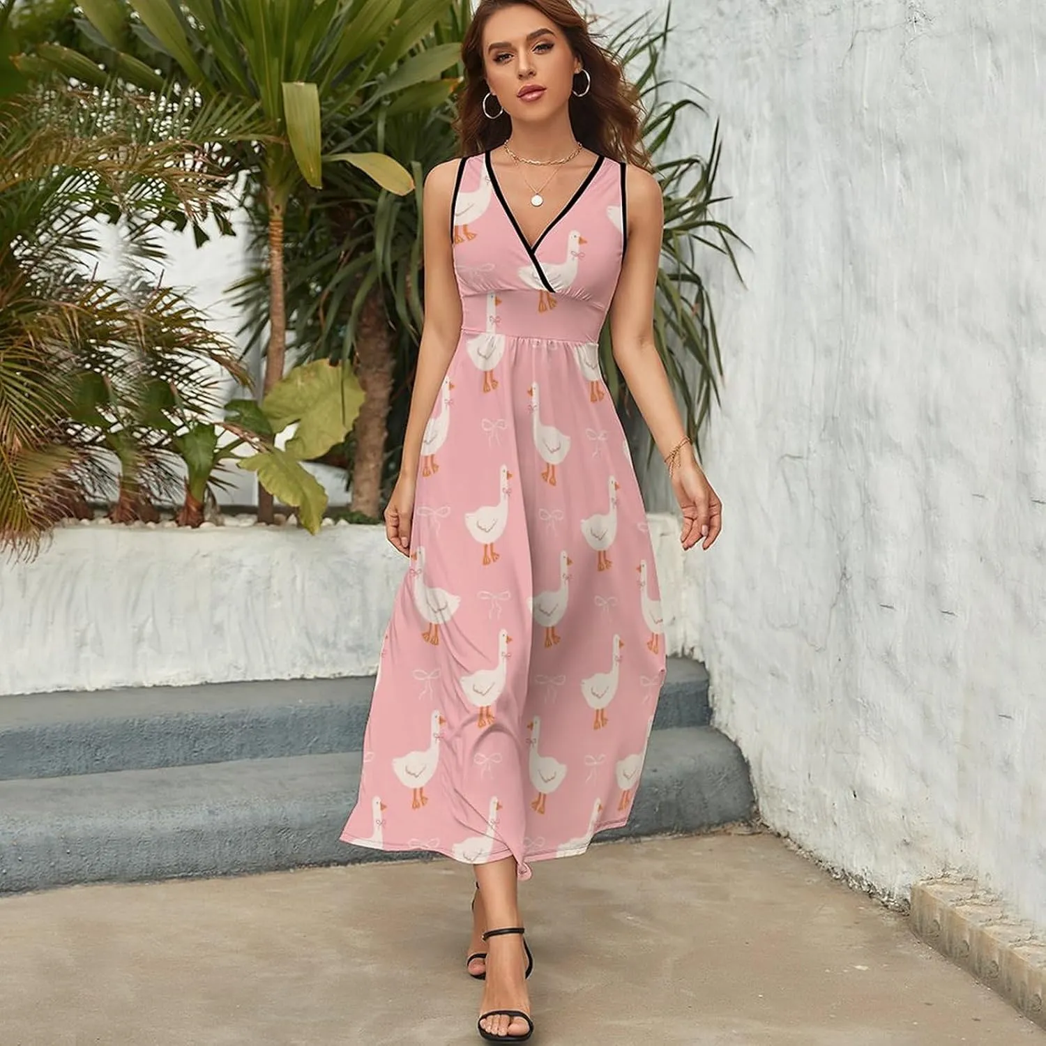Maxi Dresses for Women Summer Sleeveless Dress Cute Geese and Bows Casual V Neck Sundress