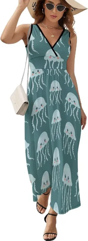 Maxi Dresses for Women Summer Sleeveless Dress Cute Jellyfish Marine Life Casual V Neck Sundress