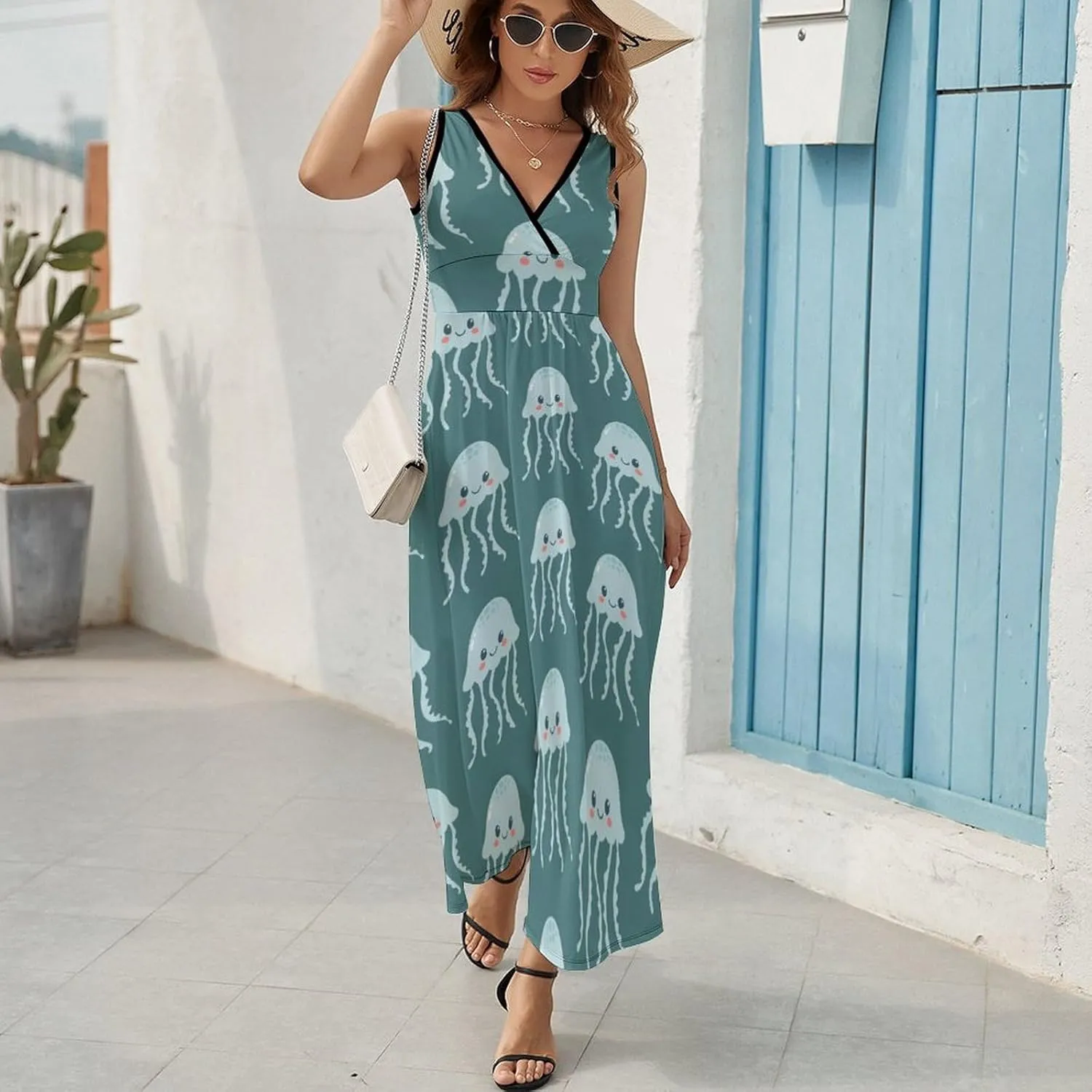 Maxi Dresses for Women Summer Sleeveless Dress Cute Jellyfish Marine Life Casual V Neck Sundress