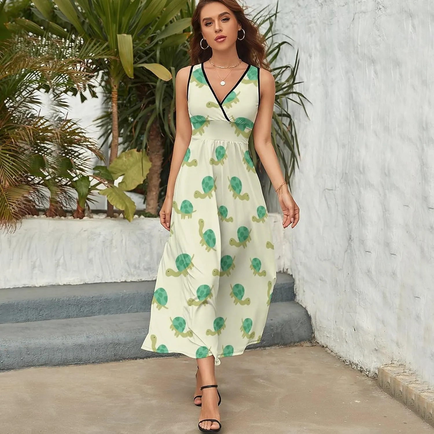 Maxi Dresses for Women Summer Sleeveless Dress Cute Turtle Pattern Casual V Neck Sundress