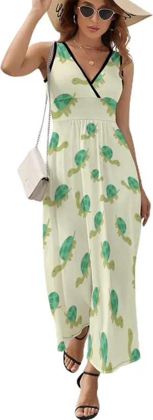 Maxi Dresses for Women Summer Sleeveless Dress Cute Turtle Pattern Casual V Neck Sundress