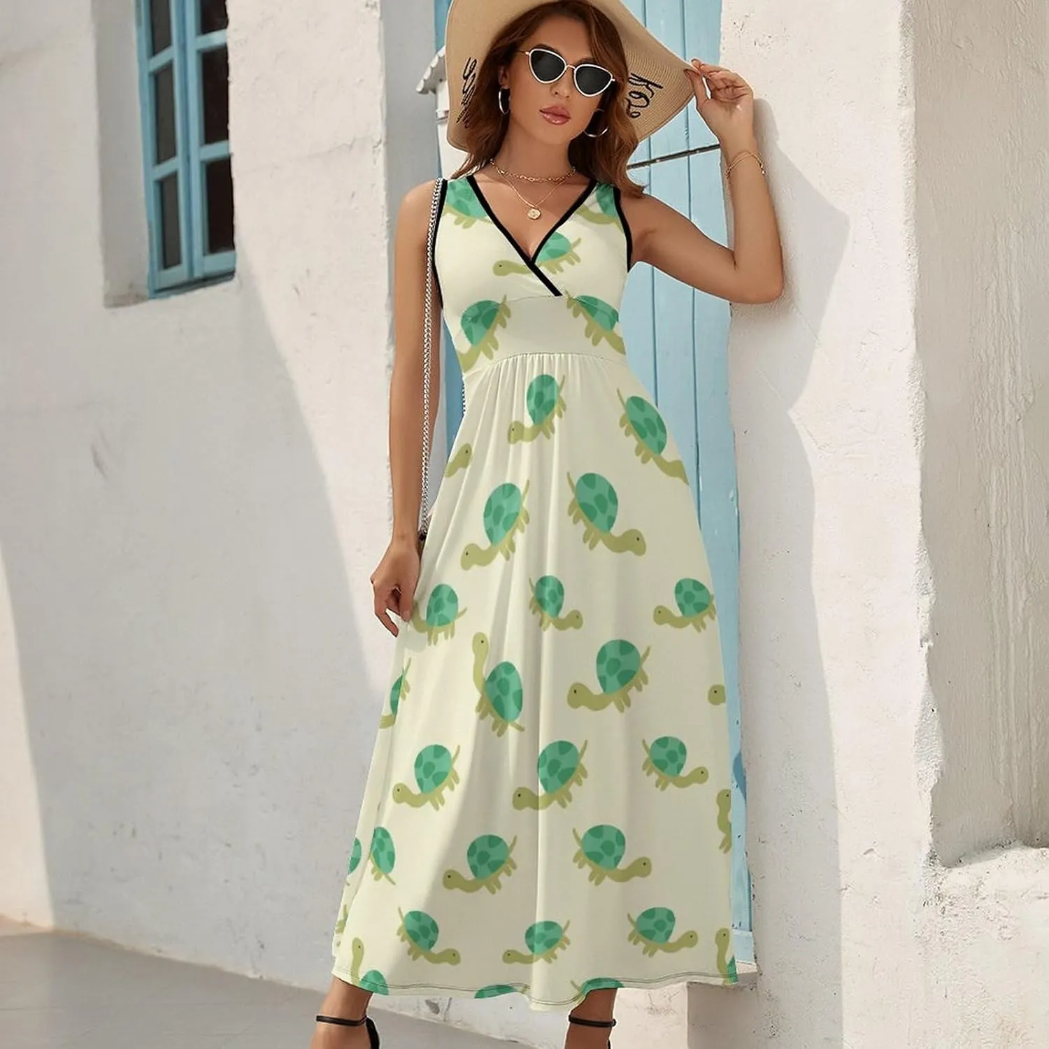 Maxi Dresses for Women Summer Sleeveless Dress Cute Turtle Pattern Casual V Neck Sundress