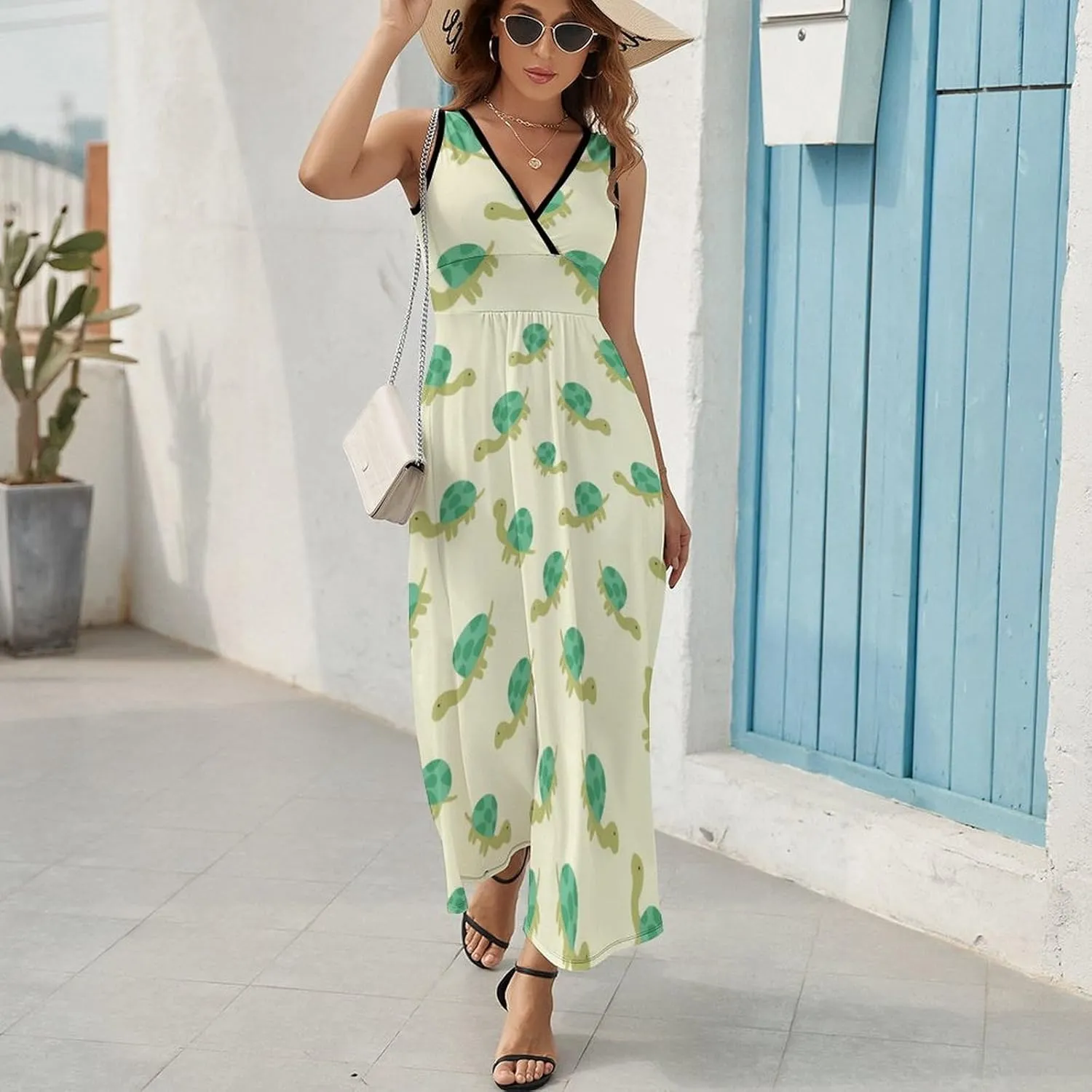 Maxi Dresses for Women Summer Sleeveless Dress Cute Turtle Pattern Casual V Neck Sundress