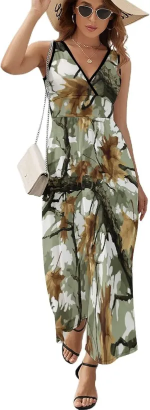 Maxi Dresses for Women Summer Sleeveless Dress Hunting Tree Pattern Casual V Neck Sundress