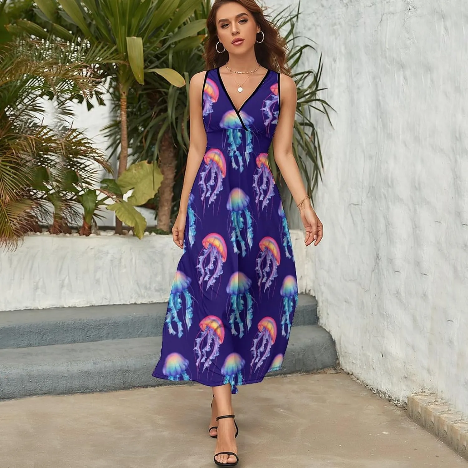 Maxi Dresses for Women Summer Sleeveless Dress Jellyfish Watercolor Ocean Casual V Neck Sundress
