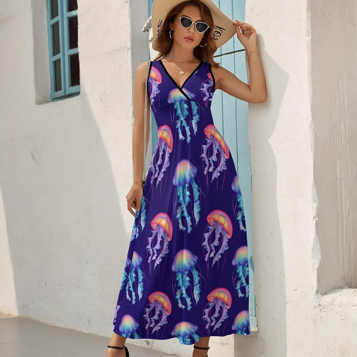 Maxi Dresses for Women Summer Sleeveless Dress Jellyfish Watercolor Ocean Casual V Neck Sundress