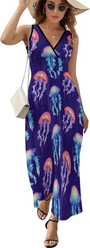 Maxi Dresses for Women Summer Sleeveless Dress Jellyfish Watercolor Ocean Casual V Neck Sundress