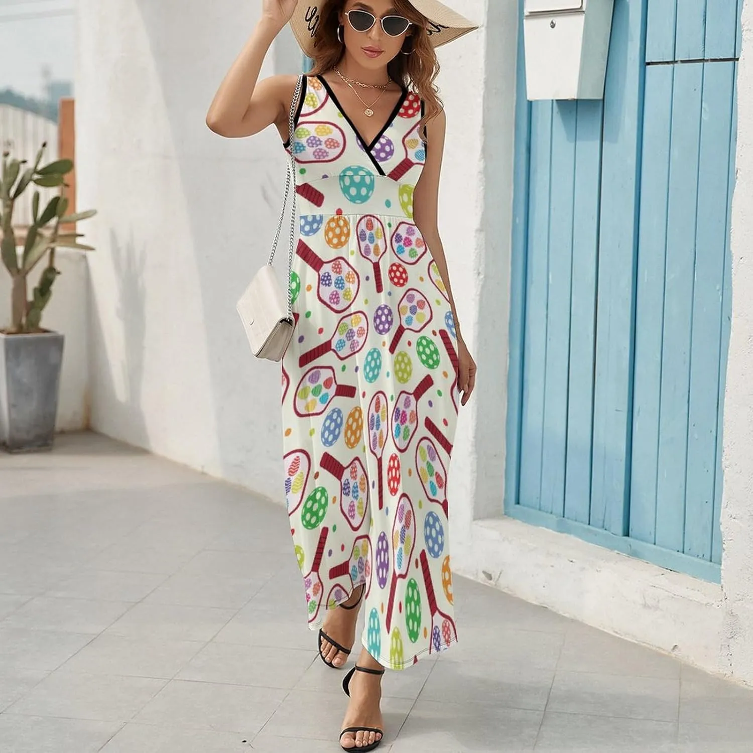 Maxi Dresses for Women Summer Sleeveless Dress Pickleball Paddles Balls Casual V Neck Sundress