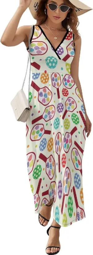 Maxi Dresses for Women Summer Sleeveless Dress Pickleball Paddles Balls Casual V Neck Sundress