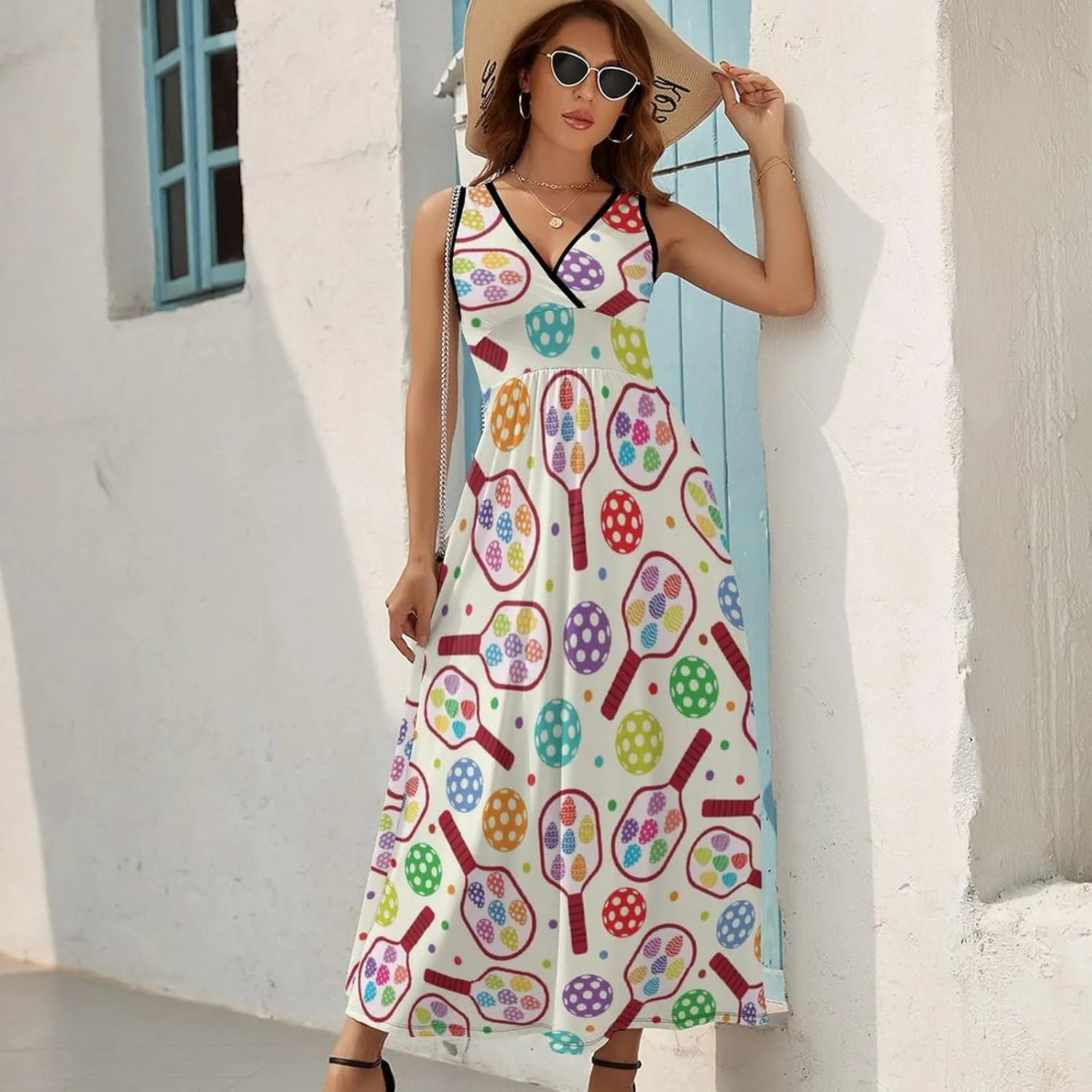 Maxi Dresses for Women Summer Sleeveless Dress Pickleball Paddles Balls Casual V Neck Sundress