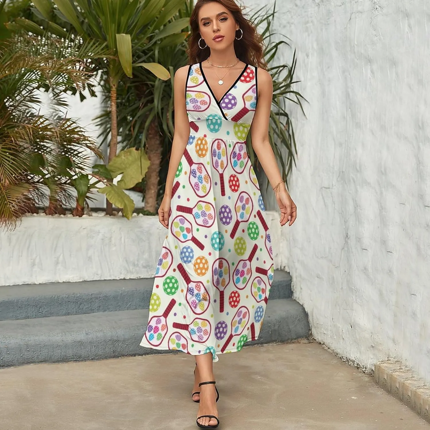 Maxi Dresses for Women Summer Sleeveless Dress Pickleball Paddles Balls Casual V Neck Sundress