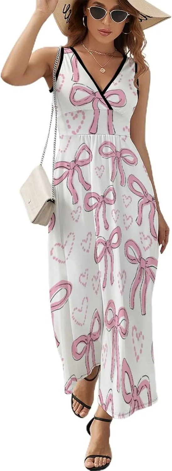 Maxi Dresses for Women Summer Sleeveless Dress Pink Bows Heart Casual V Neck Sundress