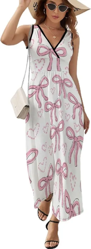Maxi Dresses for Women Summer Sleeveless Dress Pink Bows Heart Casual V Neck Sundress