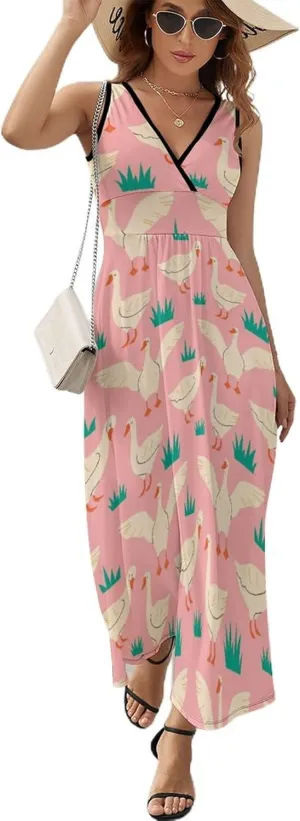 Maxi Dresses for Women Summer Sleeveless Dress Playful Geese Pink Casual V Neck Sundress