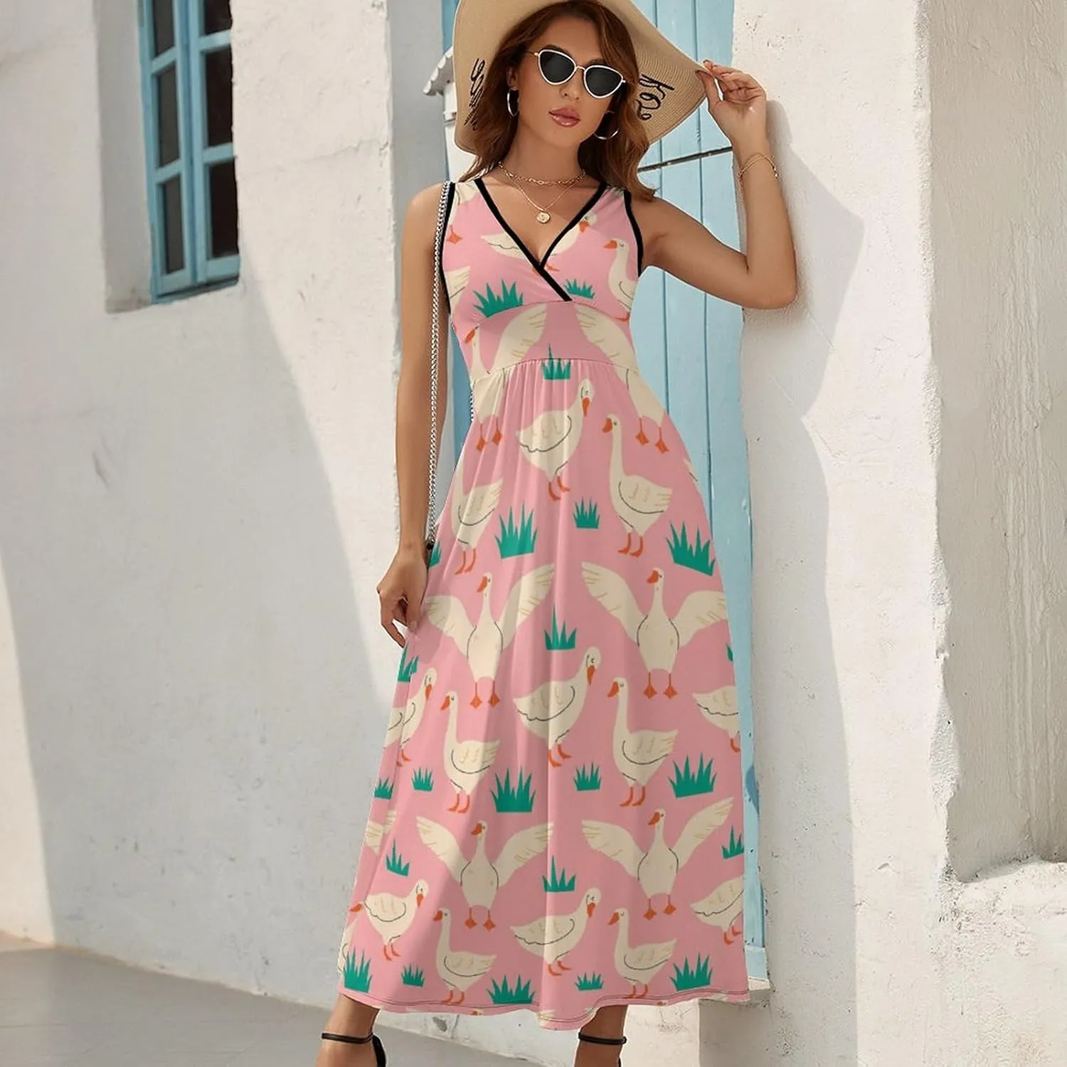Maxi Dresses for Women Summer Sleeveless Dress Playful Geese Pink Casual V Neck Sundress