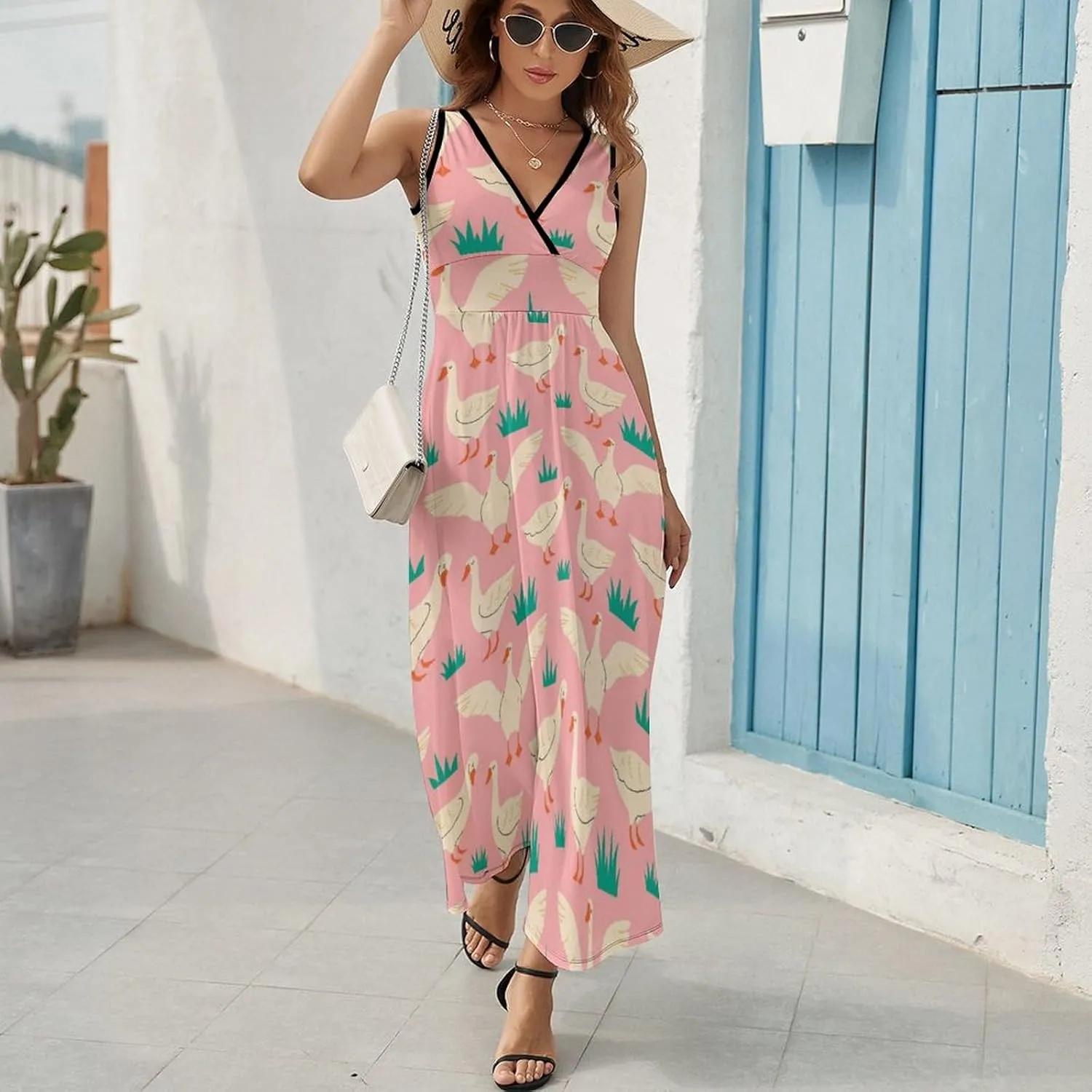 Maxi Dresses for Women Summer Sleeveless Dress Playful Geese Pink Casual V Neck Sundress