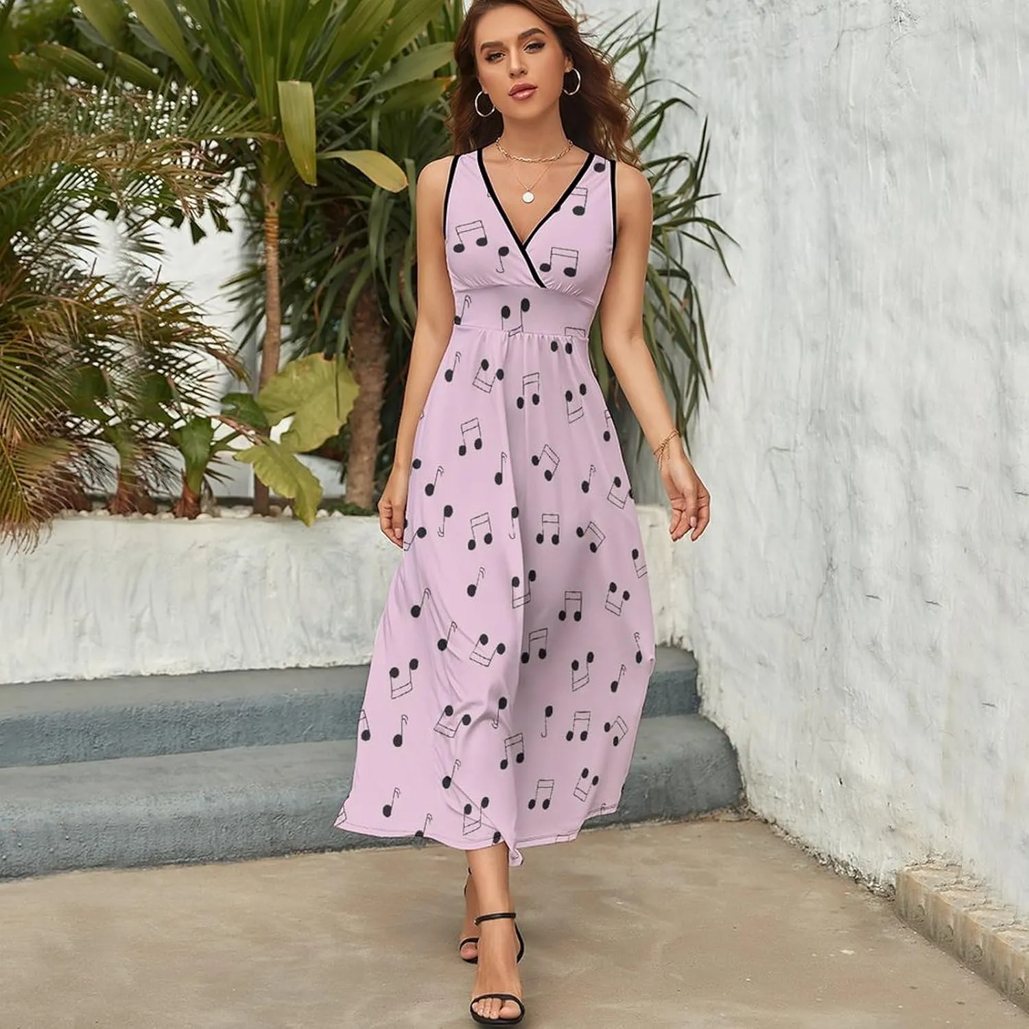 Maxi Dresses for Women Summer Sleeveless Dress Purple, Pink Pattern Casual V Neck Sundress