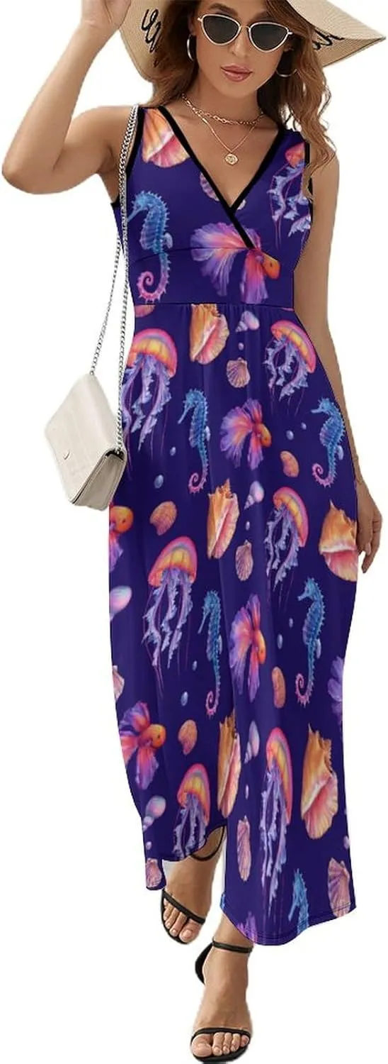 Maxi Dresses for Women Summer Sleeveless Dress Seahorse Jellyfish Casual V Neck Sundress