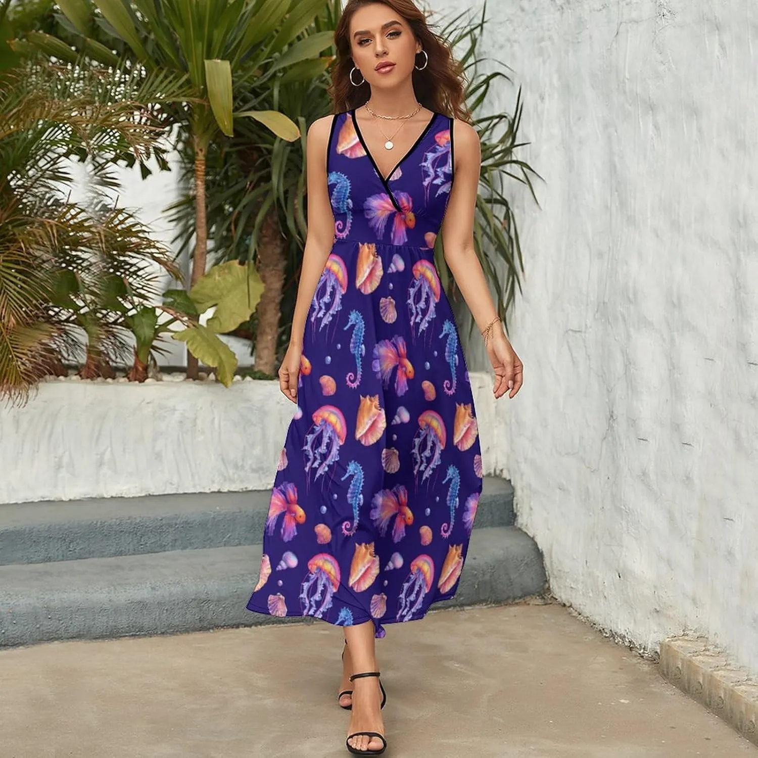 Maxi Dresses for Women Summer Sleeveless Dress Seahorse Jellyfish Casual V Neck Sundress