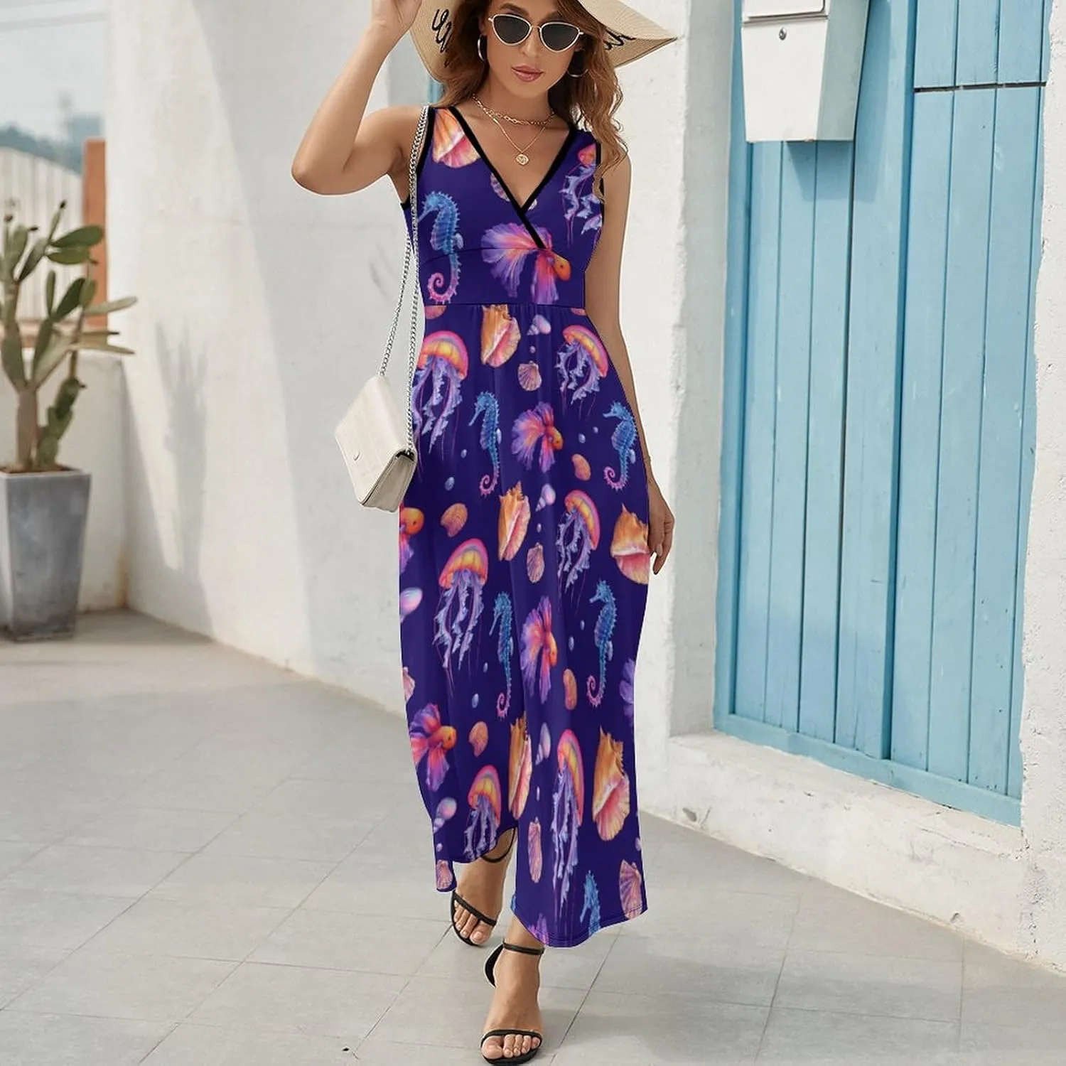 Maxi Dresses for Women Summer Sleeveless Dress Seahorse Jellyfish Casual V Neck Sundress
