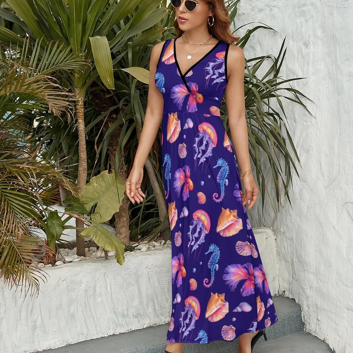 Maxi Dresses for Women Summer Sleeveless Dress Seahorse Jellyfish Casual V Neck Sundress