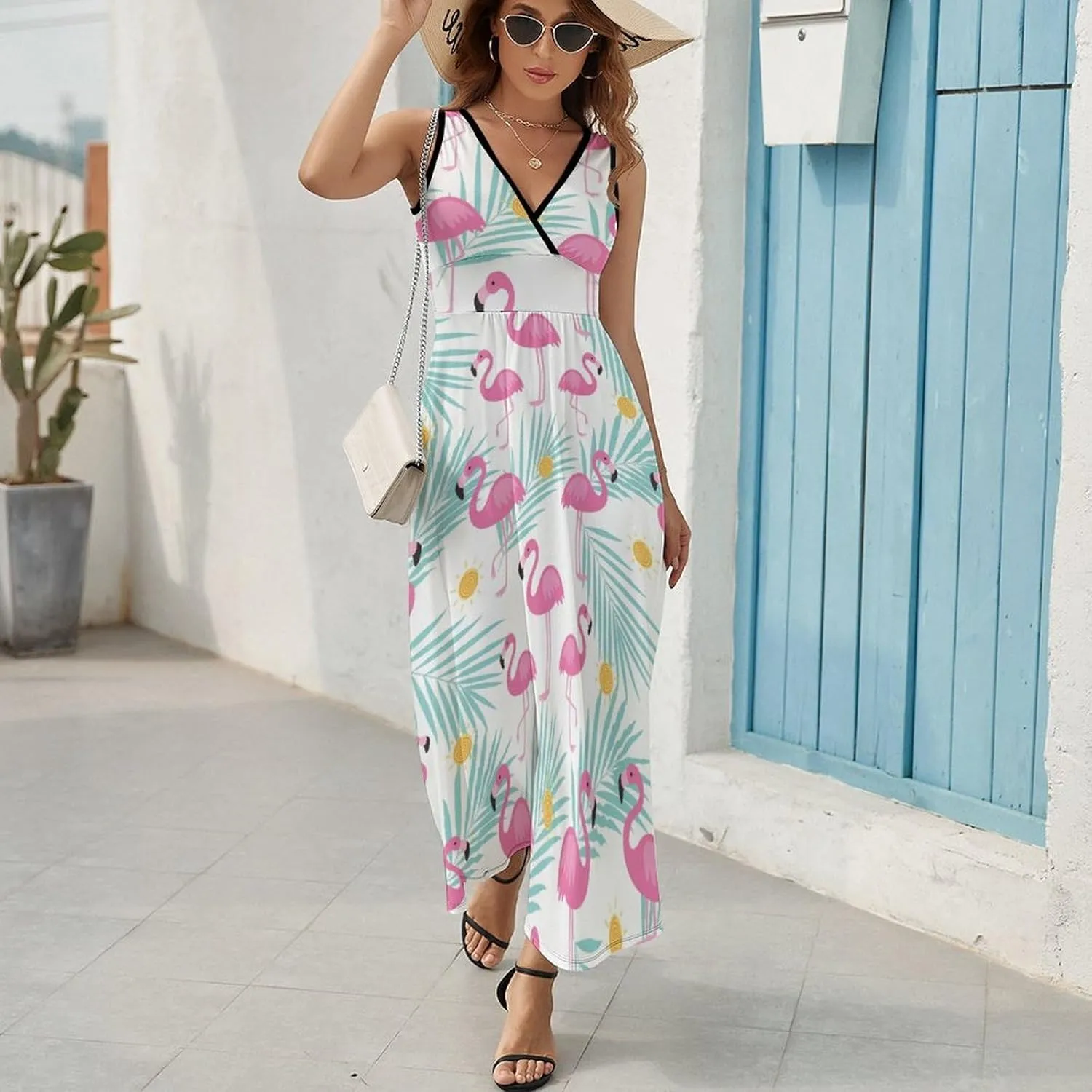 Maxi Dresses for Women Summer Sleeveless Dress Tropical Flamingo Leaves Casual V Neck Sundress