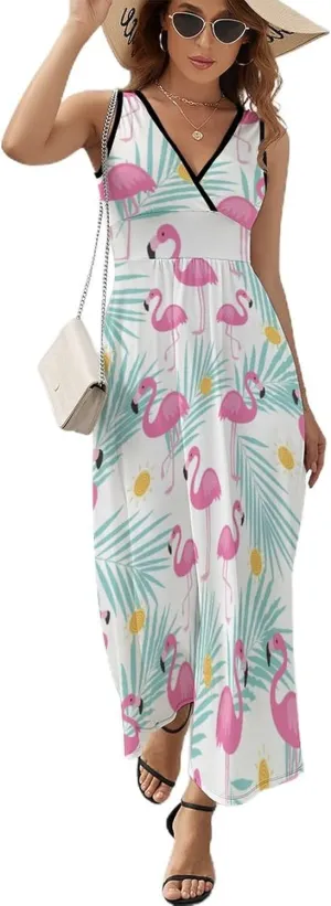 Maxi Dresses for Women Summer Sleeveless Dress Tropical Flamingo Leaves Casual V Neck Sundress
