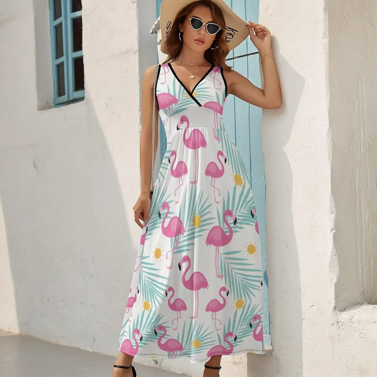Maxi Dresses for Women Summer Sleeveless Dress Tropical Flamingo Leaves Casual V Neck Sundress