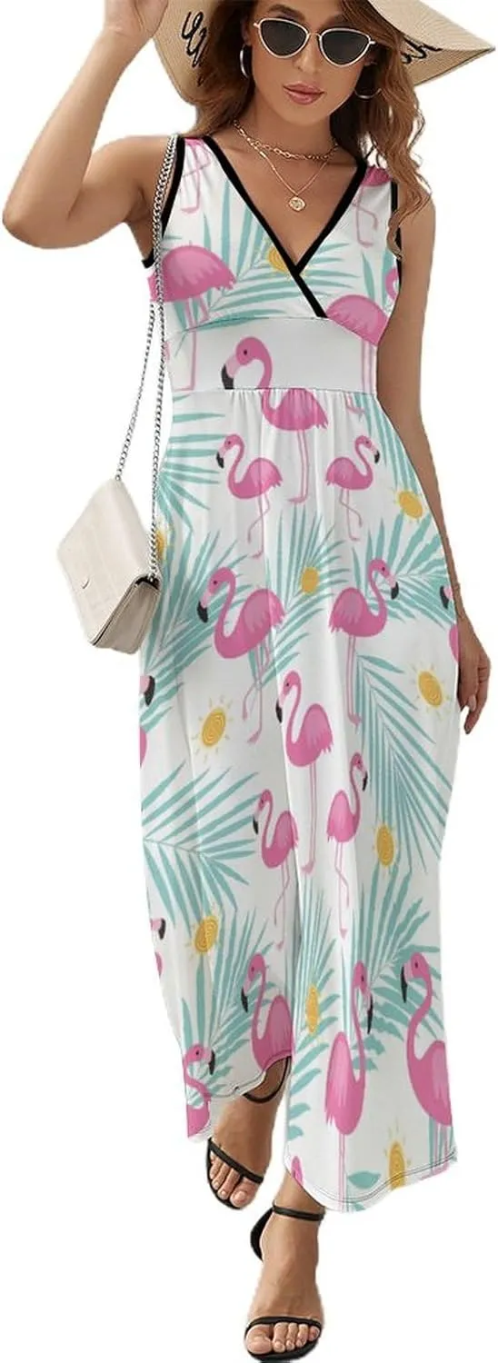 Maxi Dresses for Women Summer Sleeveless Dress Tropical Flamingo Leaves Casual V Neck Sundress