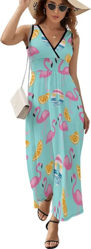 Maxi Dresses for Women Summer Sleeveless Dress Tropical Flamingo Orange Casual V Neck Sundress