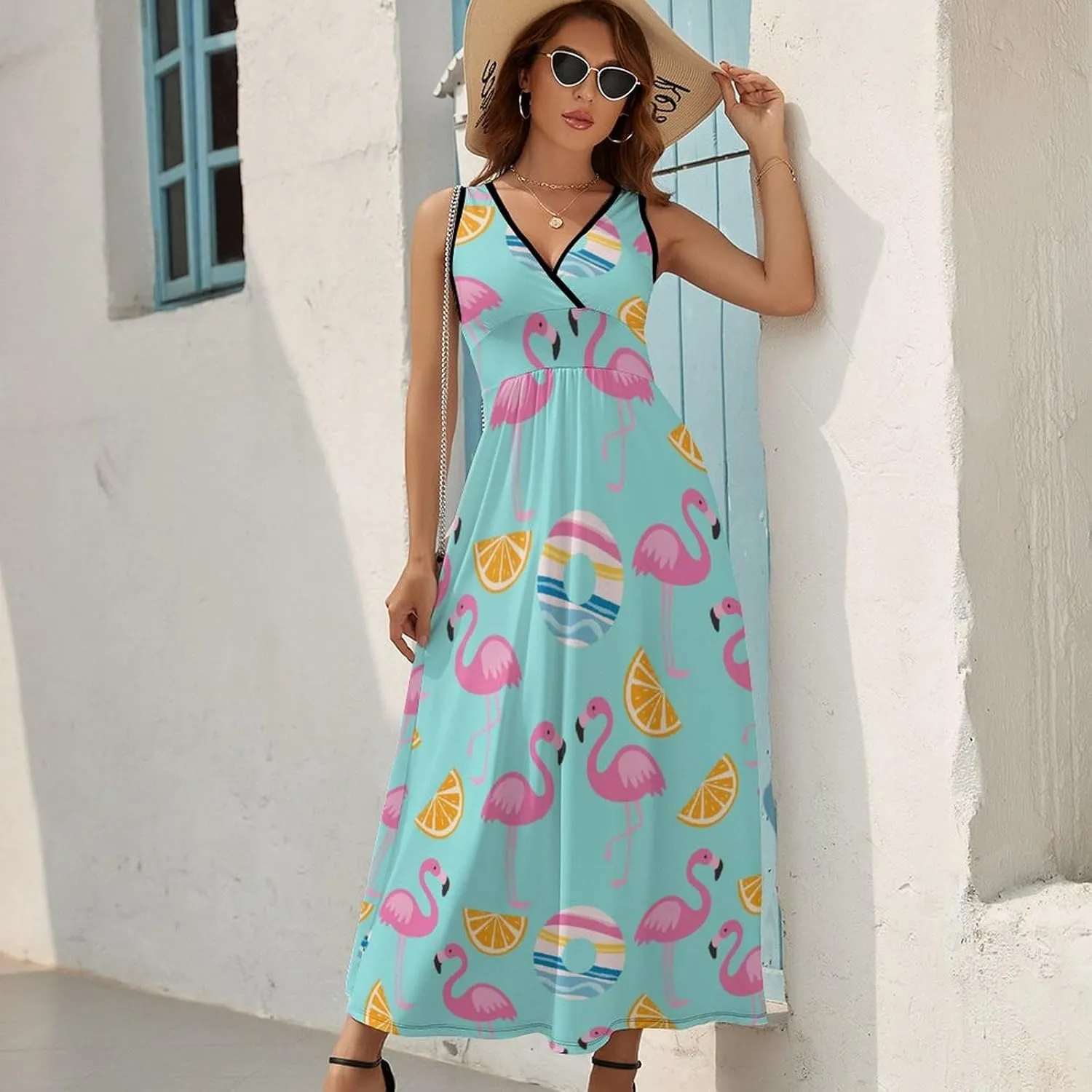 Maxi Dresses for Women Summer Sleeveless Dress Tropical Flamingo Orange Casual V Neck Sundress