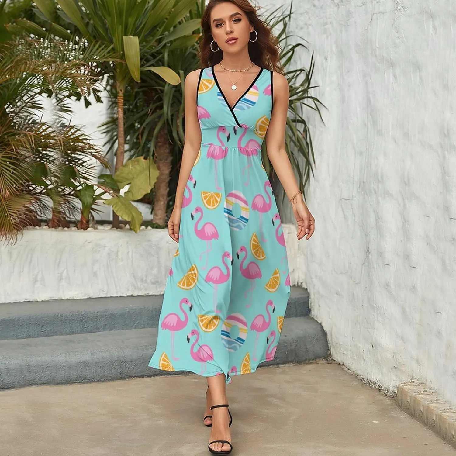 Maxi Dresses for Women Summer Sleeveless Dress Tropical Flamingo Orange Casual V Neck Sundress