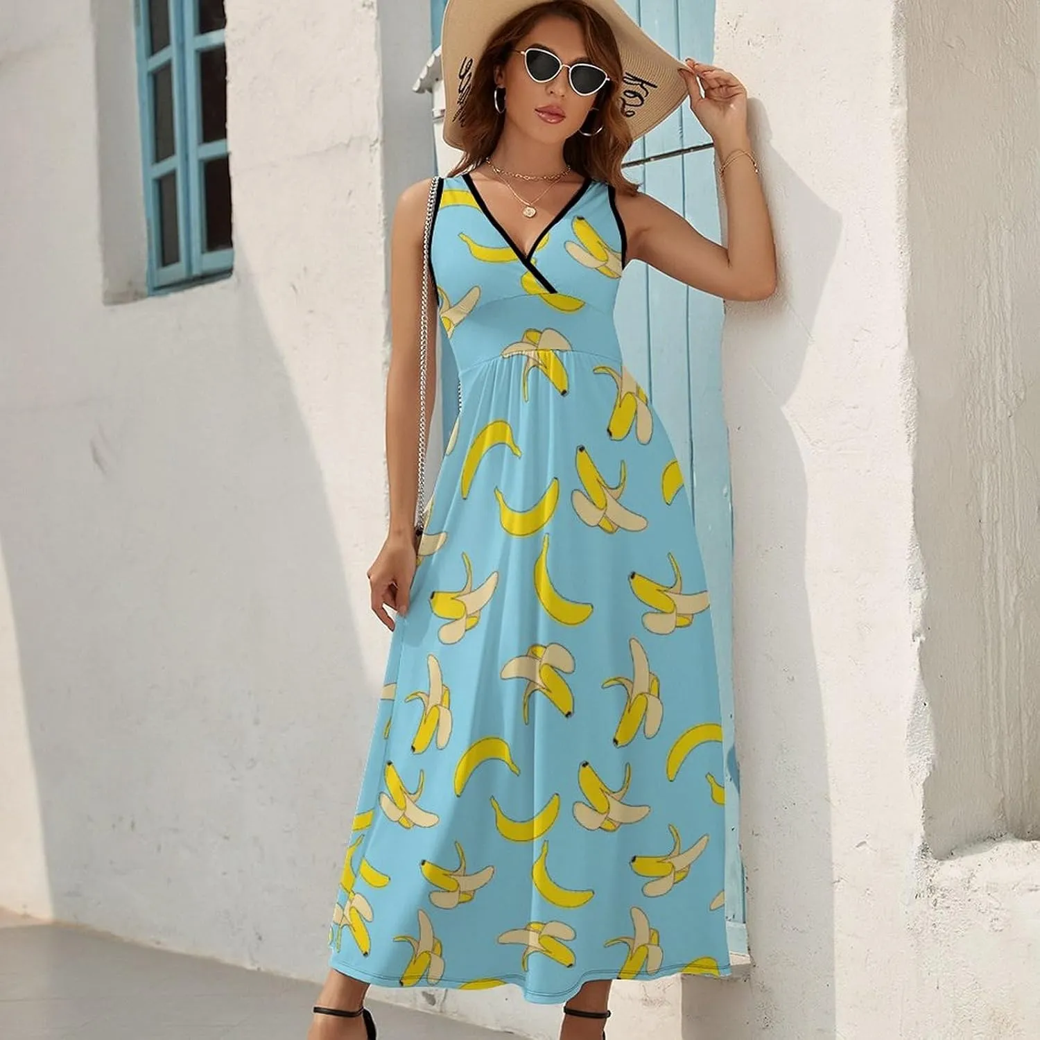 Maxi Dresses for Women Summer Sleeveless Dress Tropical Fruits Banana Casual V Neck Sundress