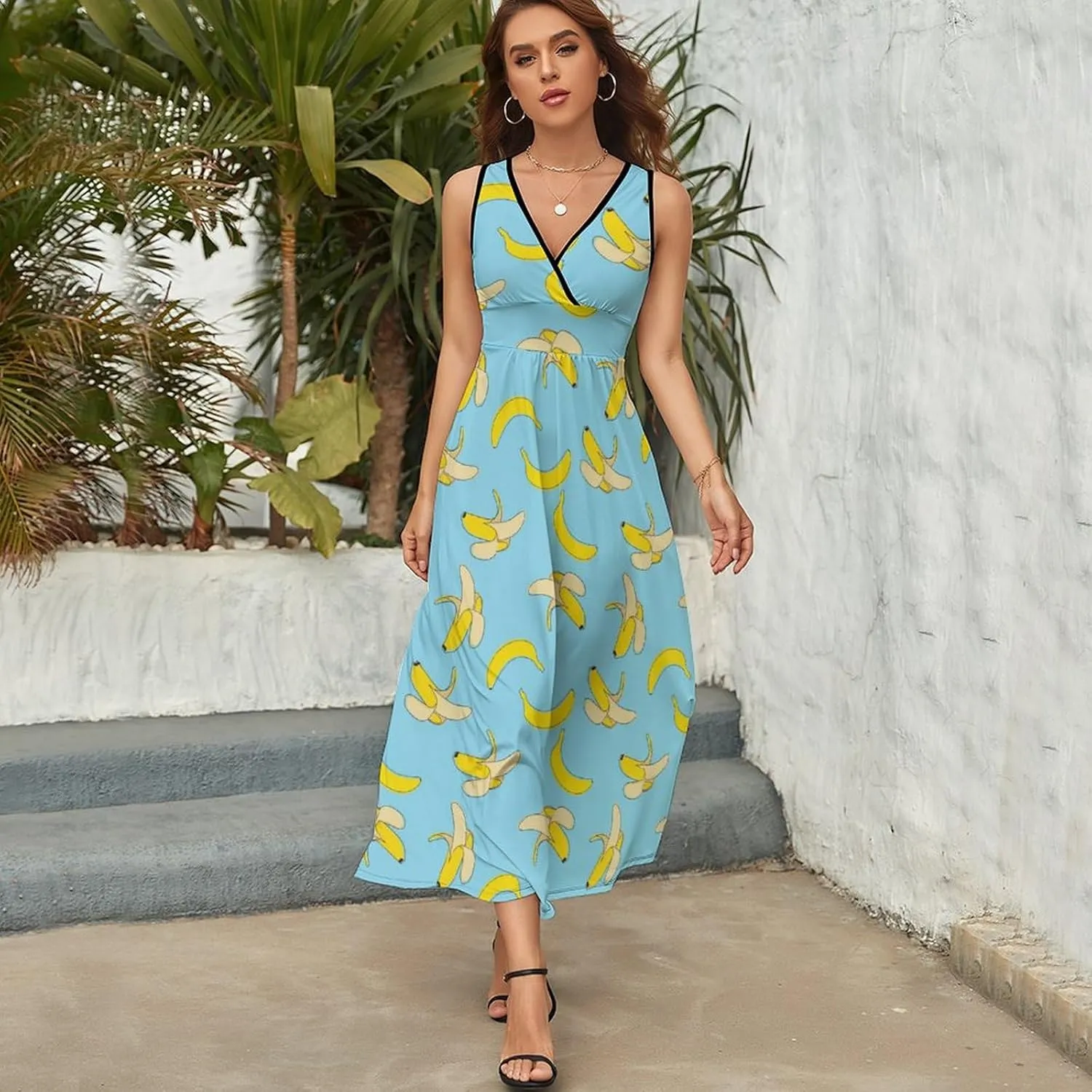 Maxi Dresses for Women Summer Sleeveless Dress Tropical Fruits Banana Casual V Neck Sundress