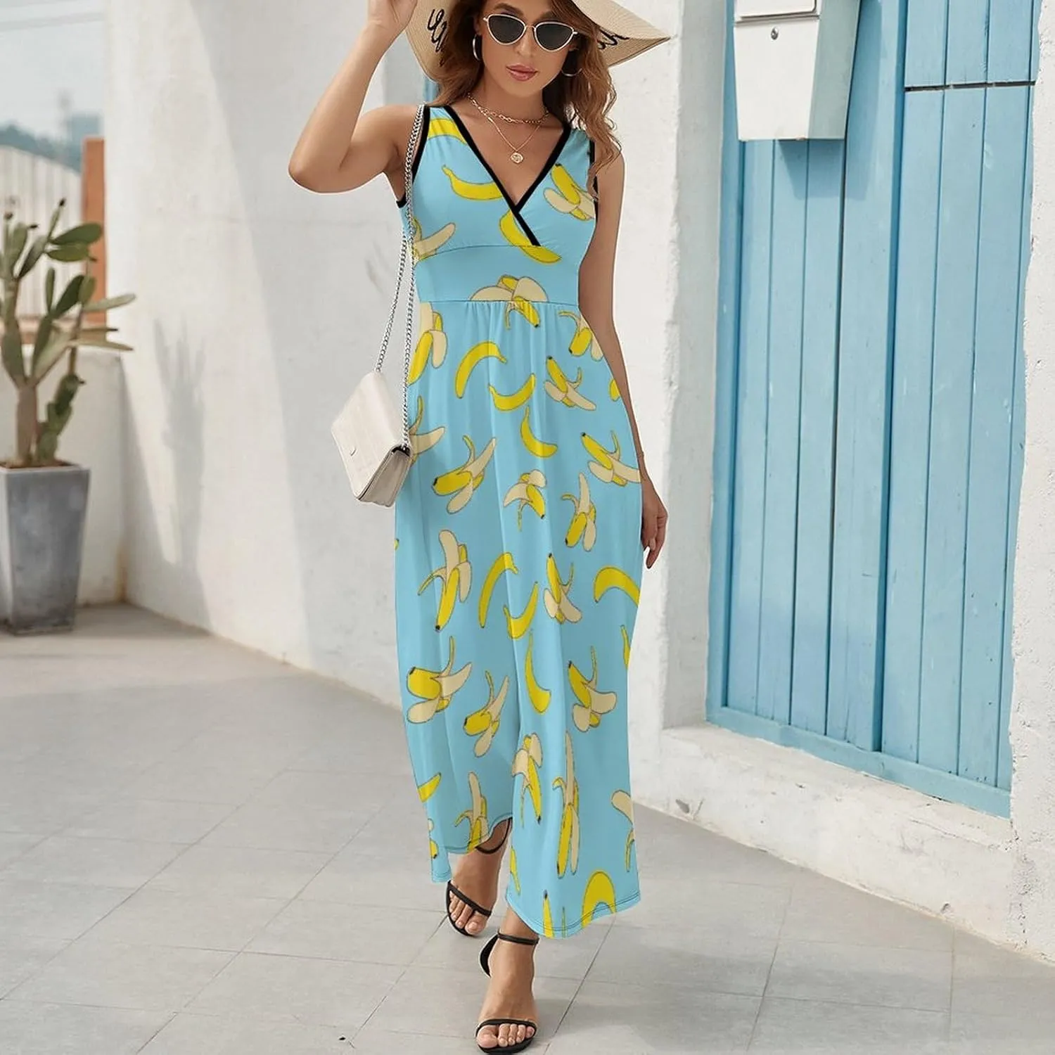 Maxi Dresses for Women Summer Sleeveless Dress Tropical Fruits Banana Casual V Neck Sundress