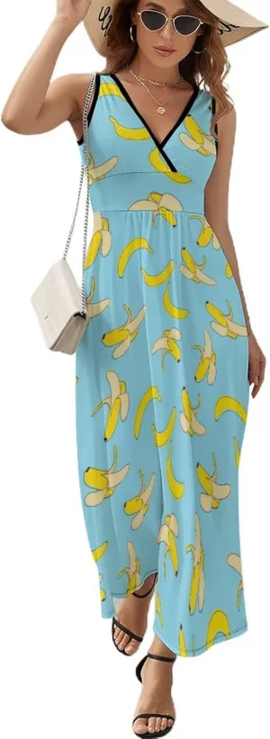 Maxi Dresses for Women Summer Sleeveless Dress Tropical Fruits Banana Casual V Neck Sundress