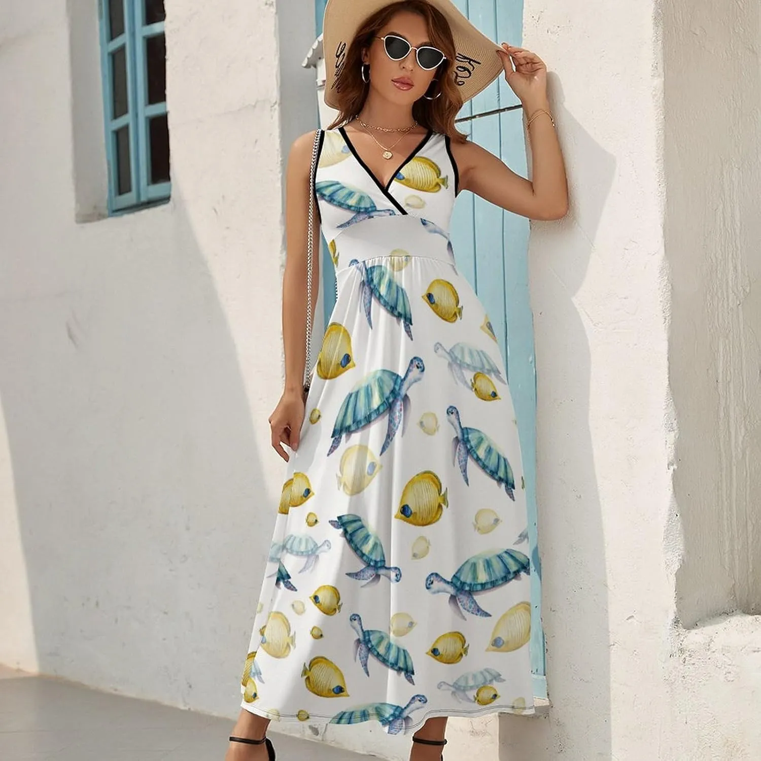 Maxi Dresses for Women Summer Sleeveless Dress Turtle Tropical Fish Casual V Neck Sundress