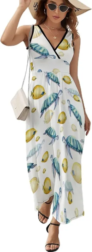 Maxi Dresses for Women Summer Sleeveless Dress Turtle Tropical Fish Casual V Neck Sundress