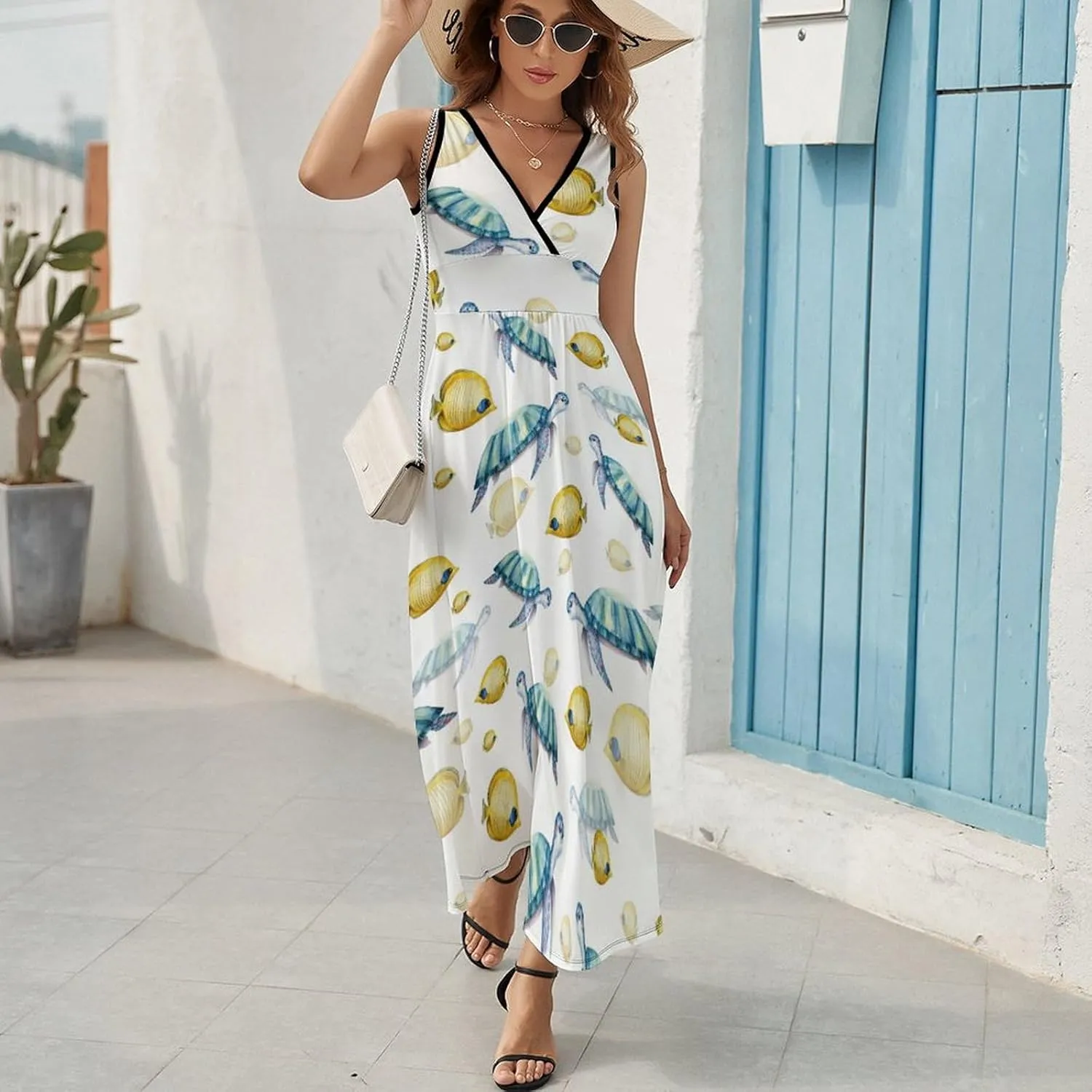 Maxi Dresses for Women Summer Sleeveless Dress Turtle Tropical Fish Casual V Neck Sundress