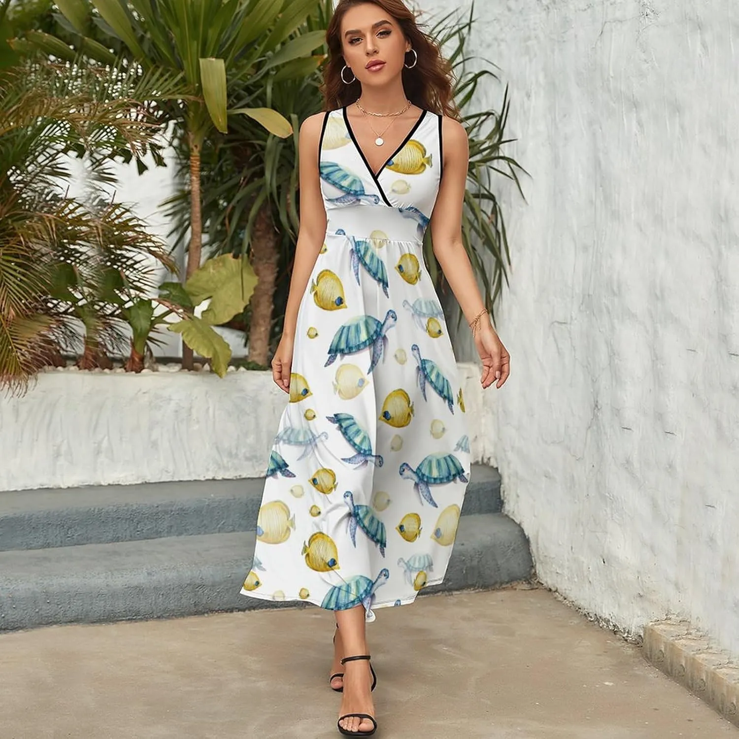 Maxi Dresses for Women Summer Sleeveless Dress Turtle Tropical Fish Casual V Neck Sundress