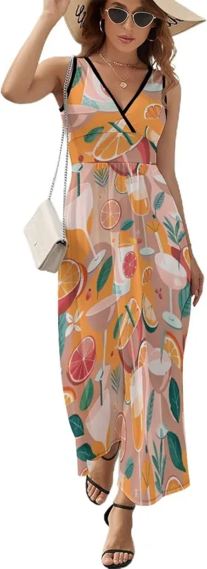 Maxi Dresses for Women Summer Sleeveless Dress Various Cocktails Fruits Casual V Neck Sundress