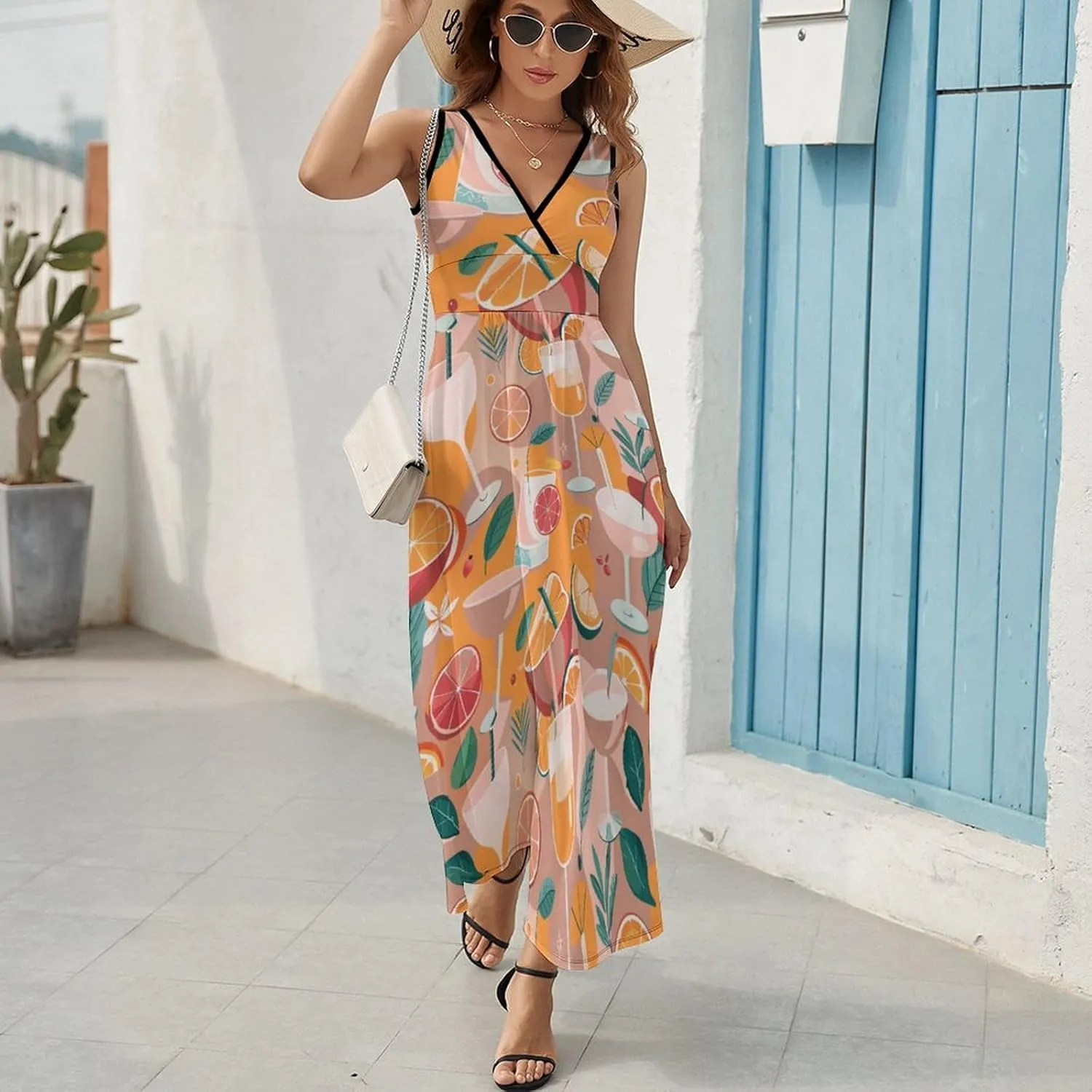 Maxi Dresses for Women Summer Sleeveless Dress Various Cocktails Fruits Casual V Neck Sundress