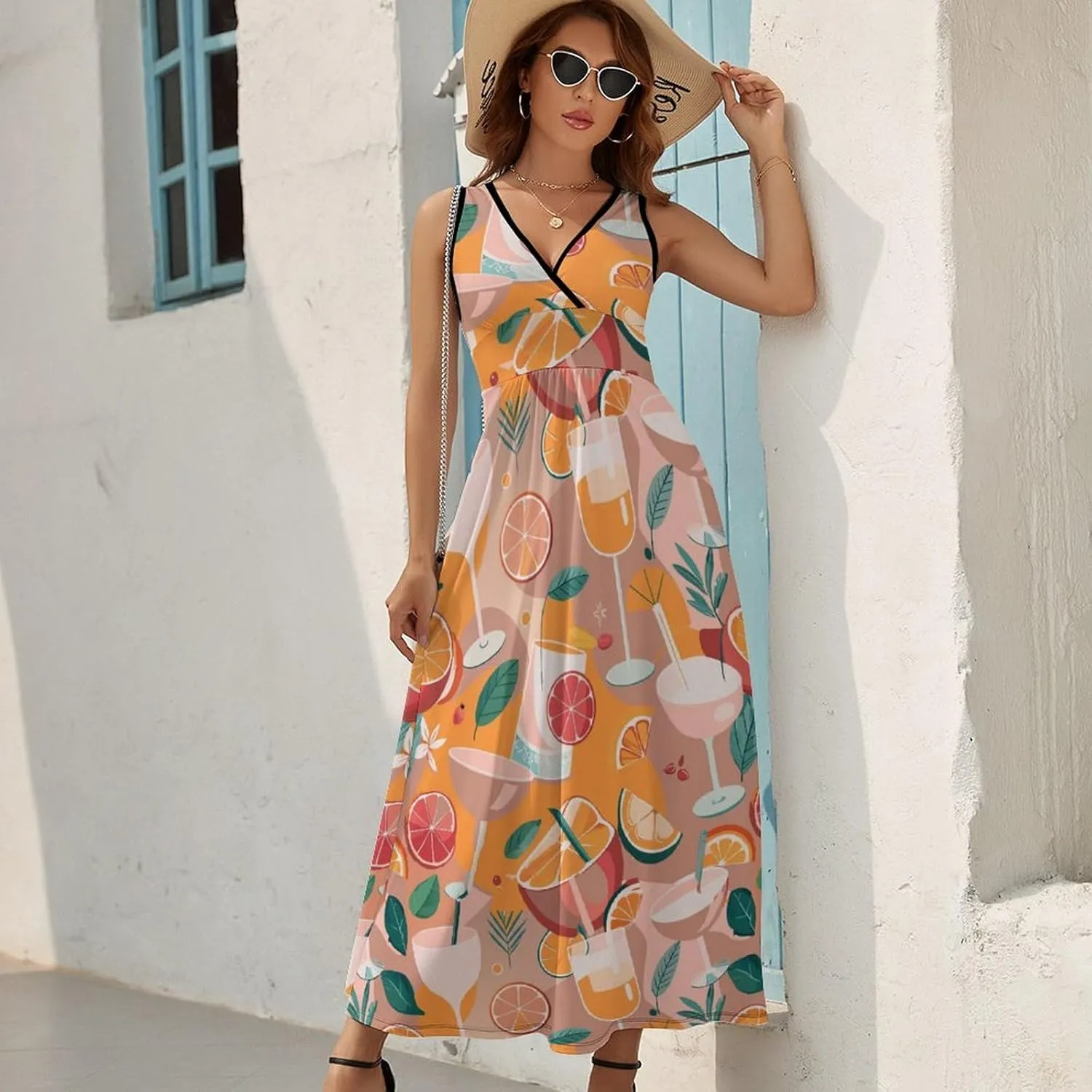 Maxi Dresses for Women Summer Sleeveless Dress Various Cocktails Fruits Casual V Neck Sundress